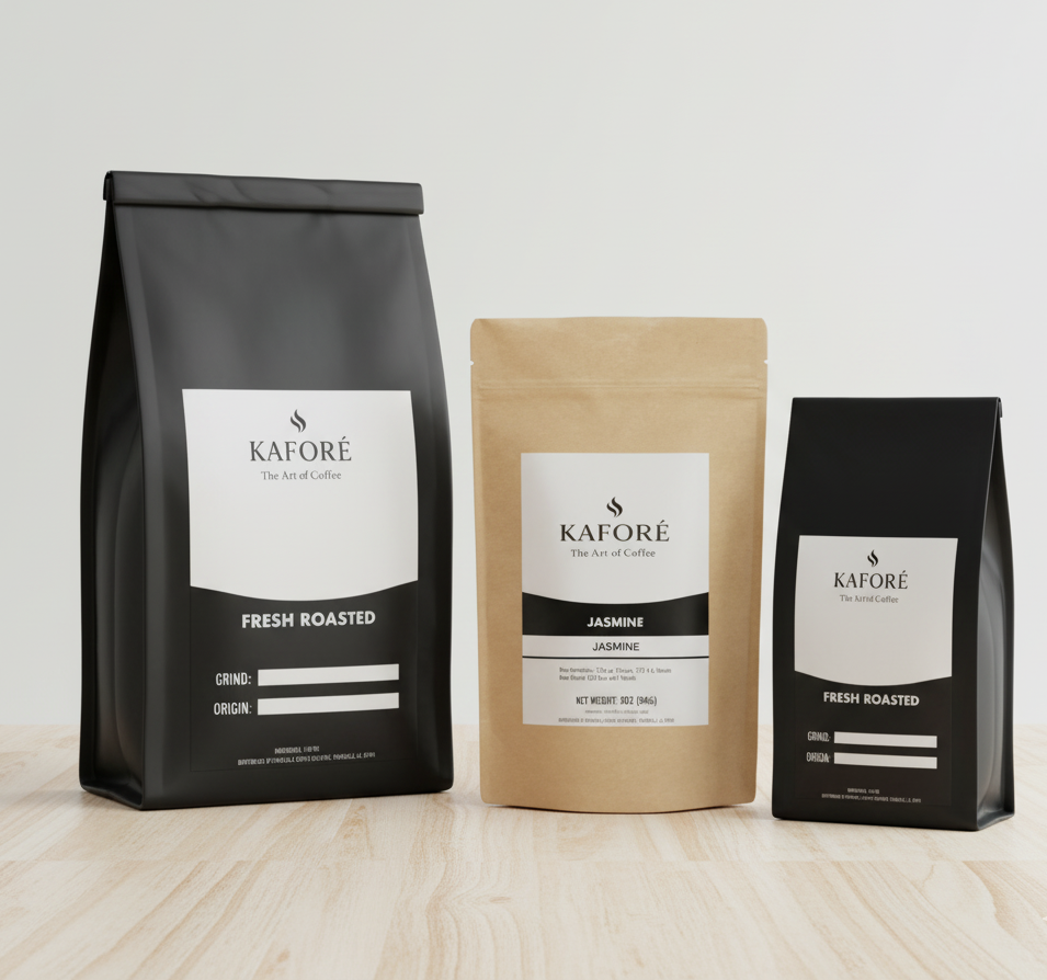 Three coffee bags from the brand 'Kafore' on a light wooden surface with a white background